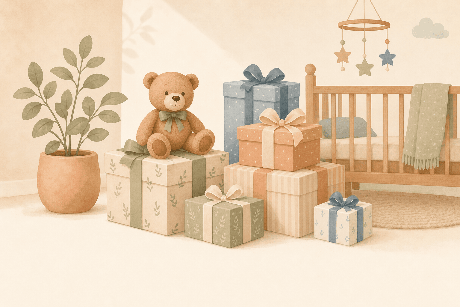 Illustration of a nursery with wrapped gifts and a teddy bear